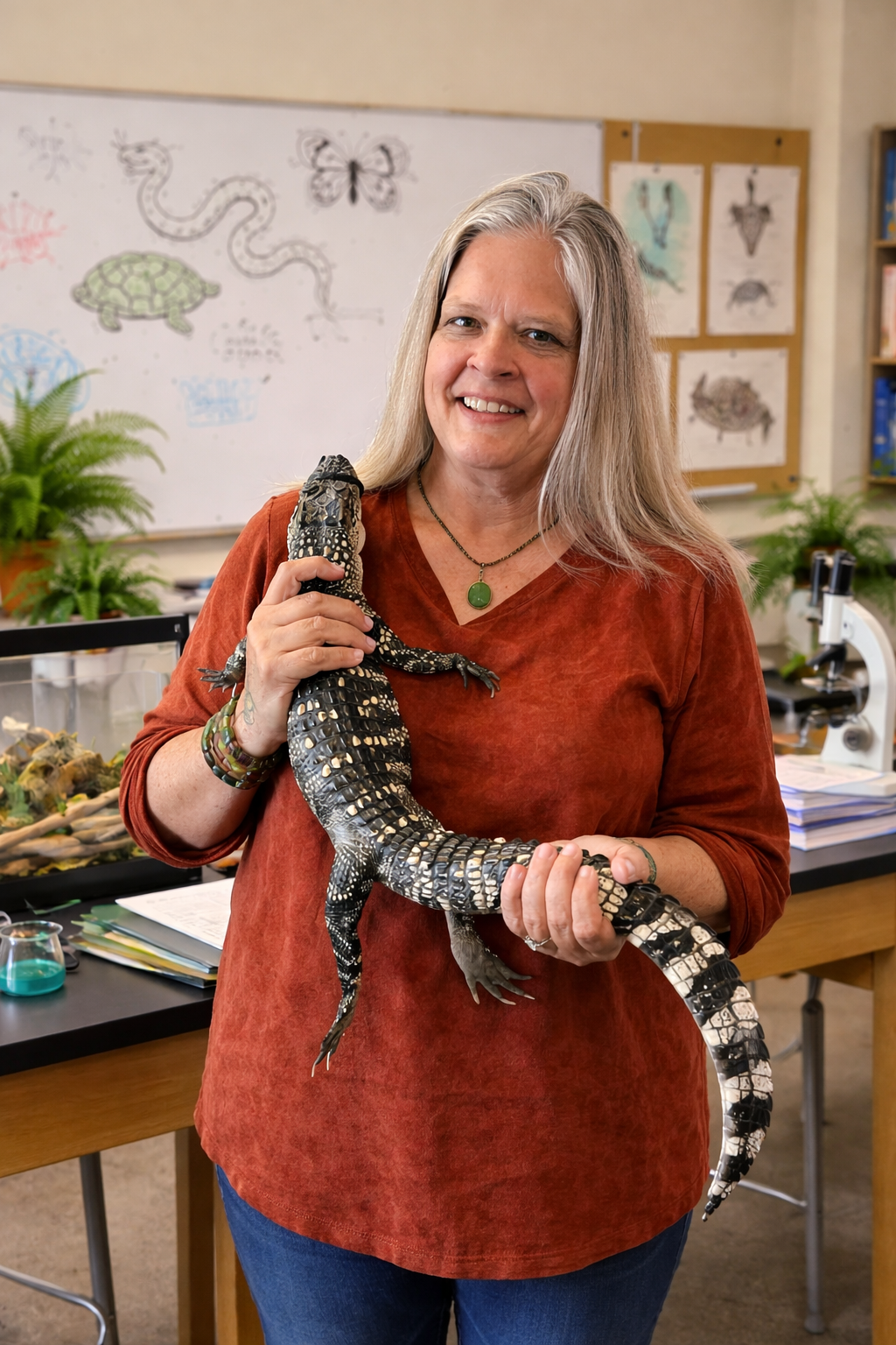 A woman with long gray hair smiling and holding a small black and yellow alligator in a classroom setting.
