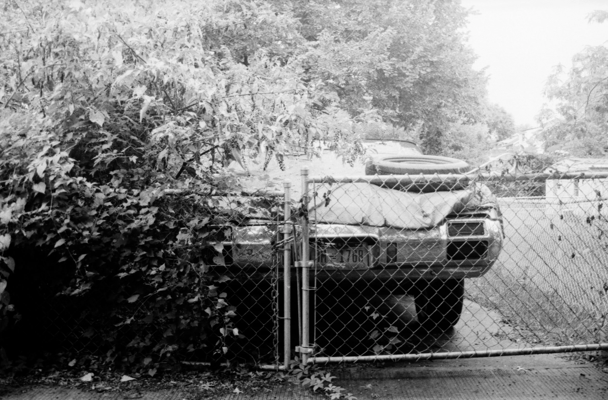 An upside-down car with a flat tire, partially obscured by overgrown bushes and trees, behind a chain-link fence.