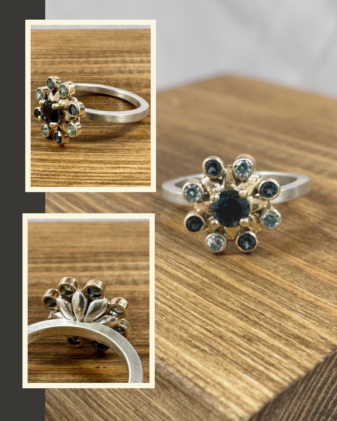 A silver and gold cluster ring with a floral design featuring a selection of blue topaz gemstones, photographed on a wooden surface.