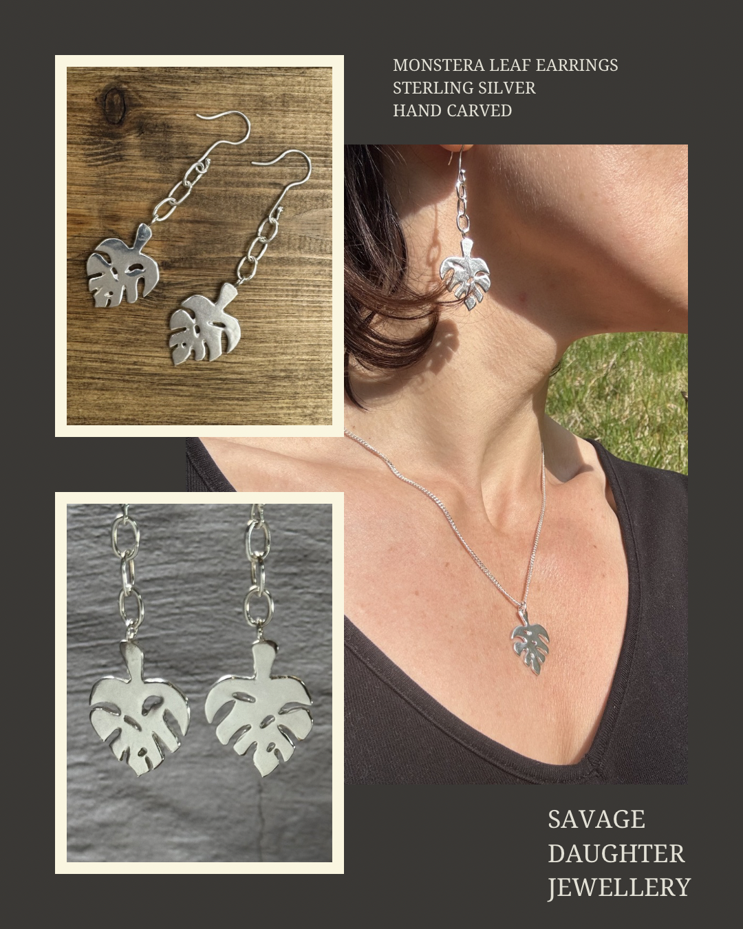Set of silver Monstera leaf earrings and necklace from Savage Daughter Jewellery, with close-up images of the earrings and jewellery displayed on a woman outdoors.