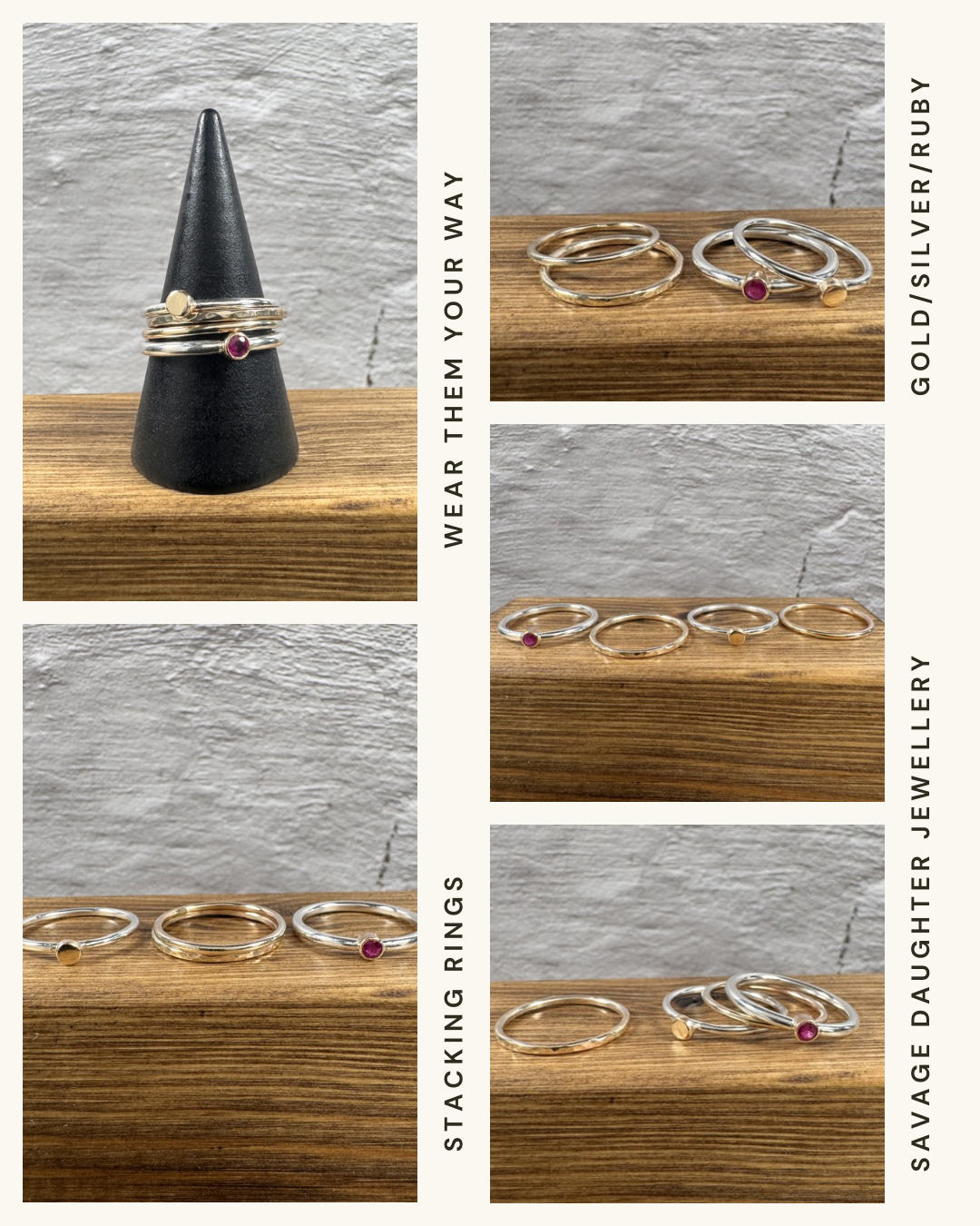 Display of silver and gold rings with ruby gemstones, stacked on a wooden surface, showcasing jewellery styles with text "Wear Them Your Way," "Stacking Rings," "GOLD/SILVER/RUBY," and "SAVAGE DAUGHTER JEWELLERY."