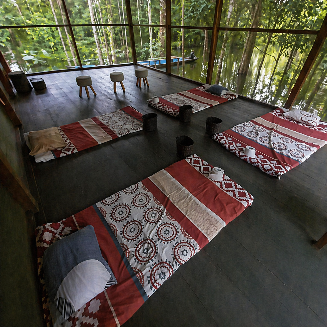 Wooden floor inside a cabin with three sleeping mats, pillows, and toilet paper rolls next to them. In the background, there are four small stools and a screened wall with a view of water and trees outside.