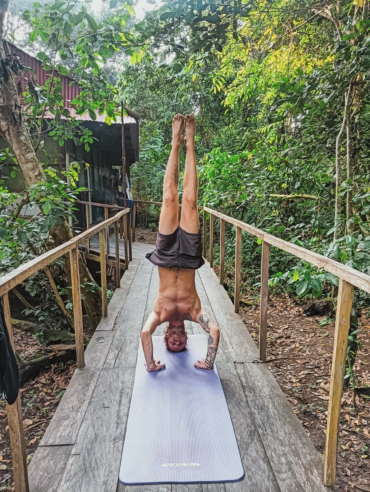 A man with tattoos doing a handstand yoga pose on a blue yoga mat on a wooden pathway surrounded by dense green trees and foliage.