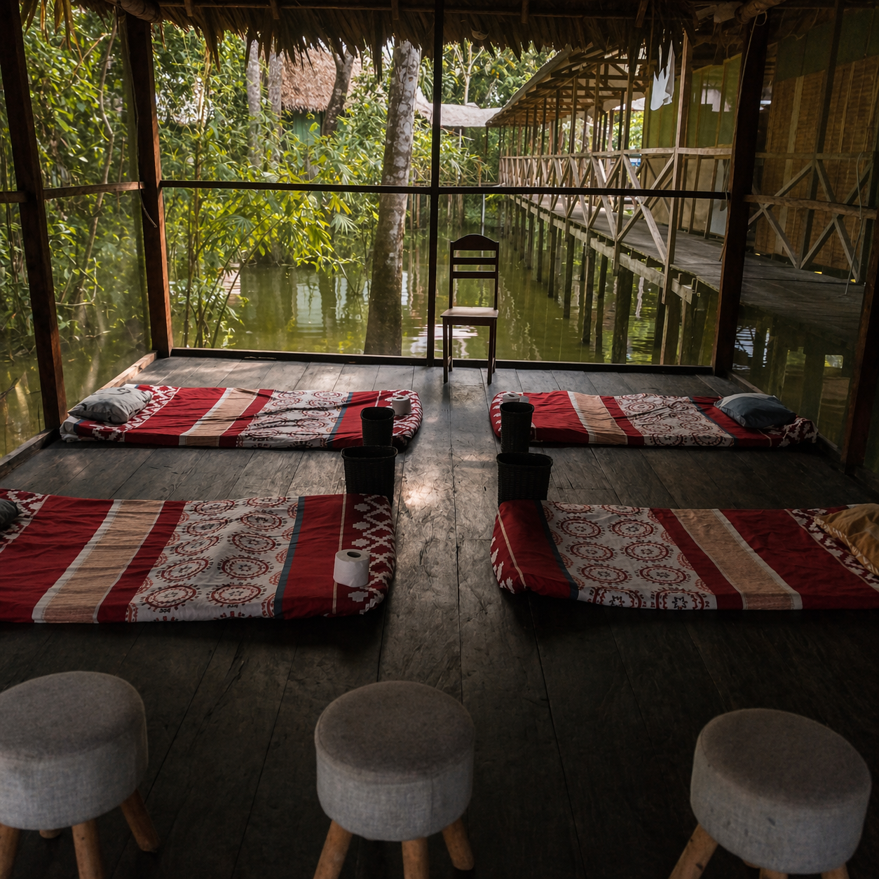 View from a room with traditional bedding on the floor looking out over a pond through a screened window. There is a wooden chair at the window and a walkway on stilts along the pond surrounded by lush greenery.