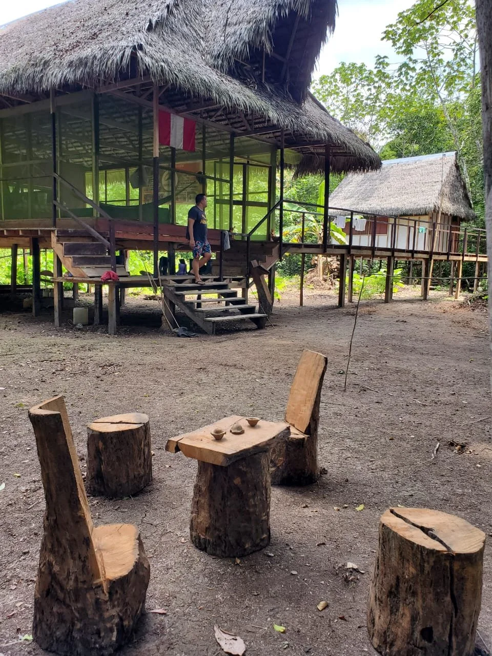 A young boy standing on wooden steps in front of a stilt house with a thatched roof, surrounded by lush green trees, and a simple outdoor seating area made of tree stumps and a wooden table with small bowls on top.