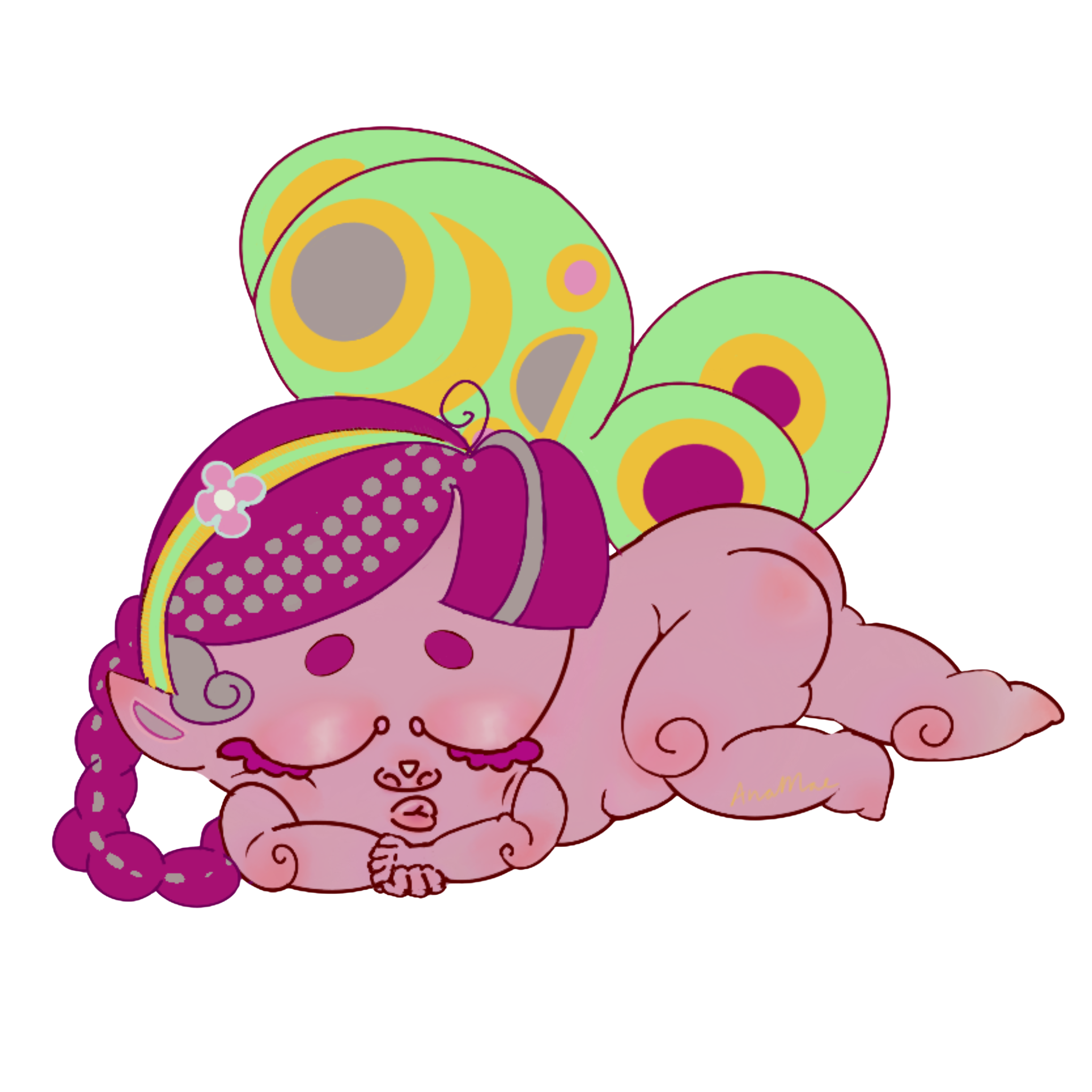 A cute cartoon fairy-like creature with pink skin, purple hair, and butterfly wings, lying on its stomach with a content expression and rosy cheeks.