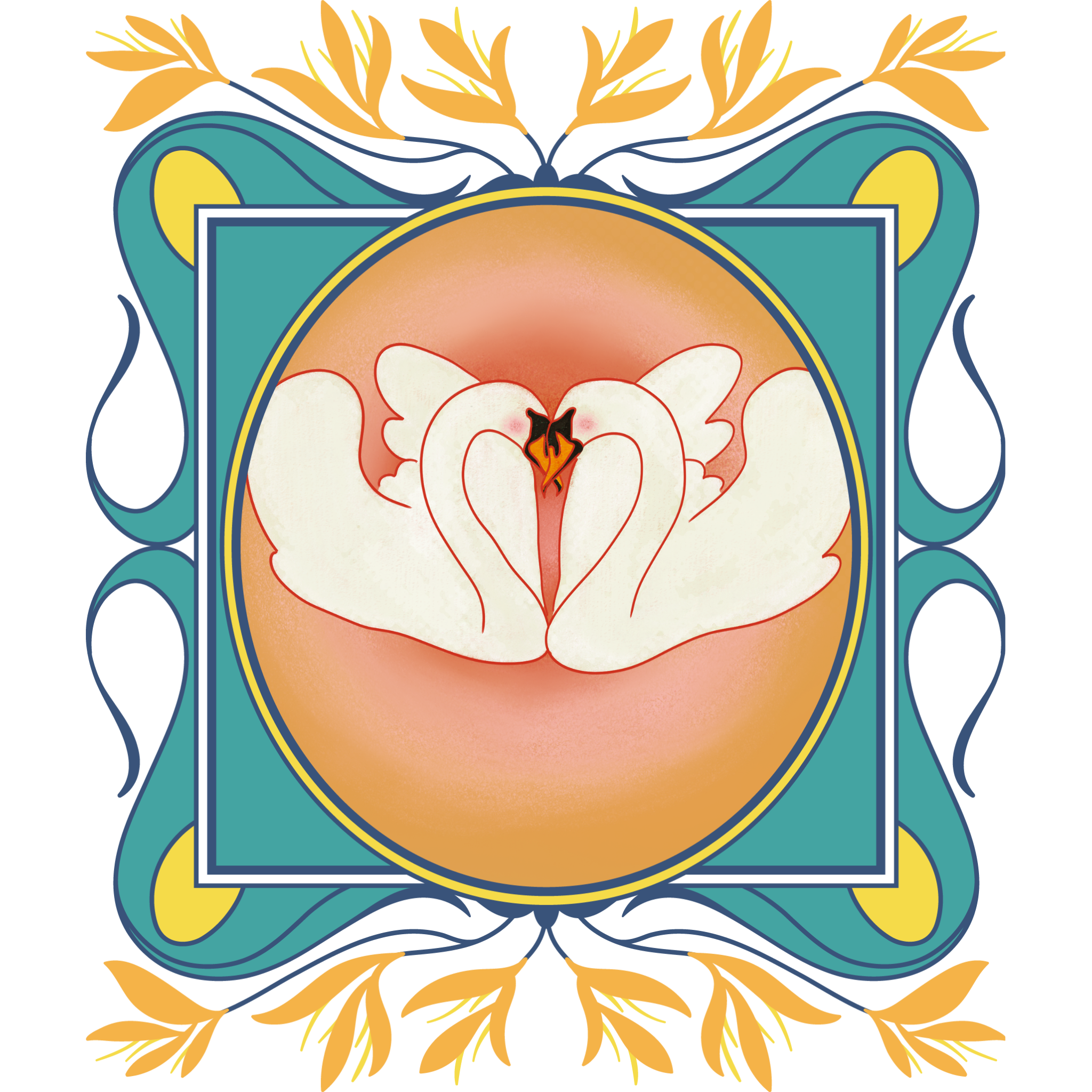 Two white swans facing each other with her necks forming a heart shape, surrounded by a blue decorative border with yellow accents, set against an orange background with yellow decorative elements at the top and bottom.