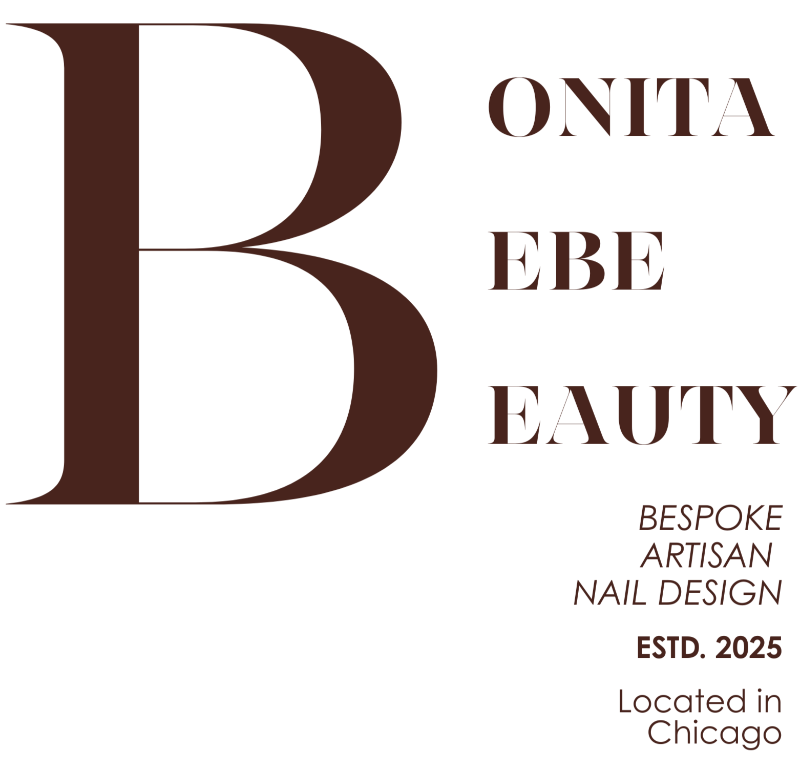 Logo for Bonita Bebe Beauty, featuring a large stylized letter 'B' and text indicating bespoke artisan nail design, established in 2025, located in Chicago.