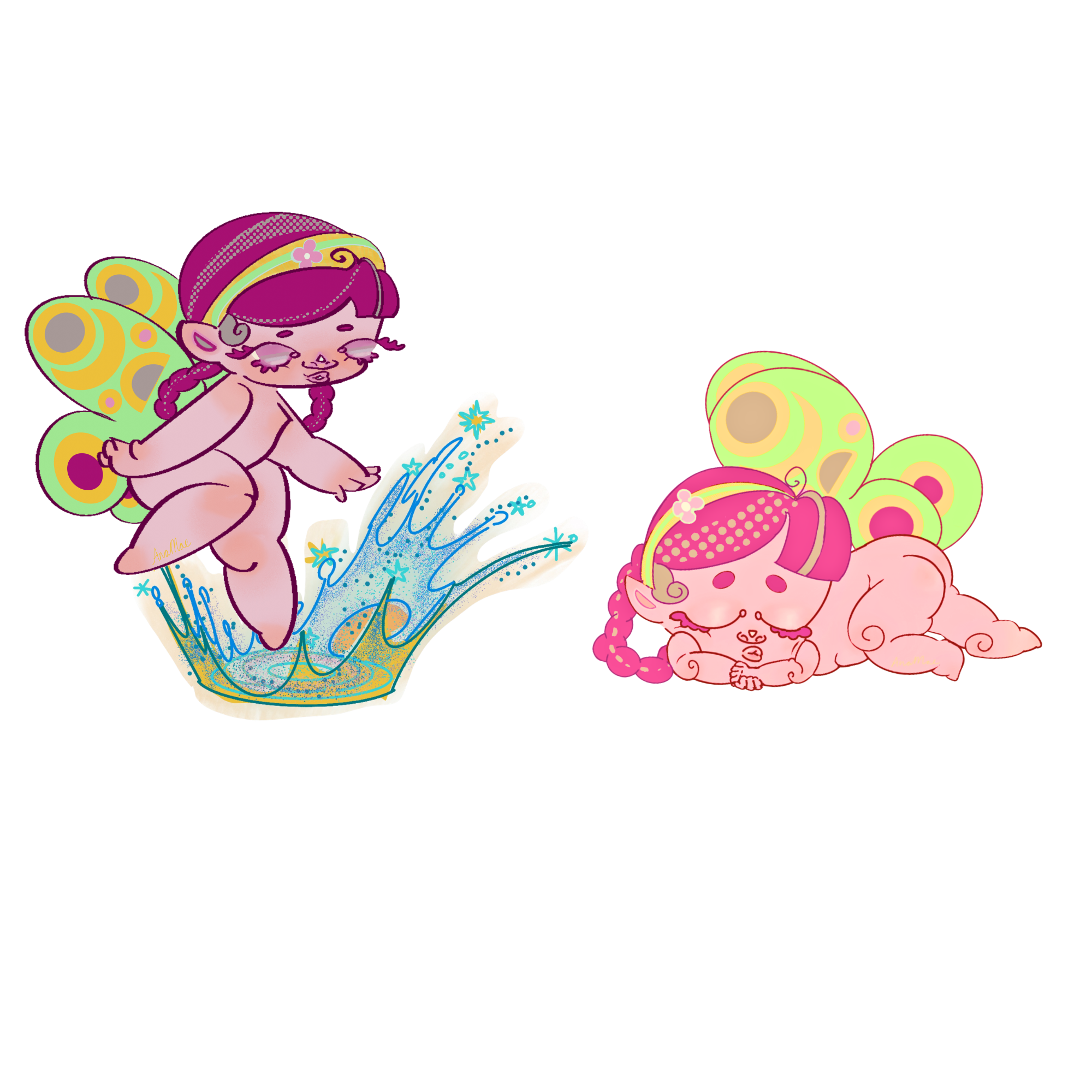 Cartoon fairies with butterfly wings, one flying above a splash of water, the other lying on the ground, both with pink and yellow wings and pink hair.