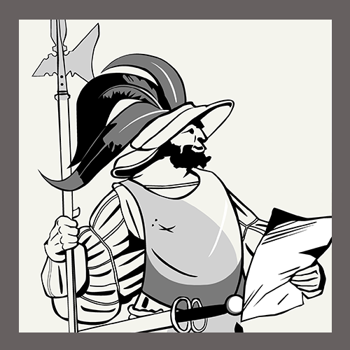 Illustration of a knight in armor holding a spear and reading a scroll.
