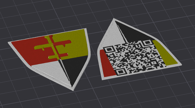 Two embroidered patches with a shield and QR code, featuring red, black, white, and yellow colors. These were custom made and 3D printed to match the heraldry of an SCA persona and link to to that SCAdian's historical text of choice!