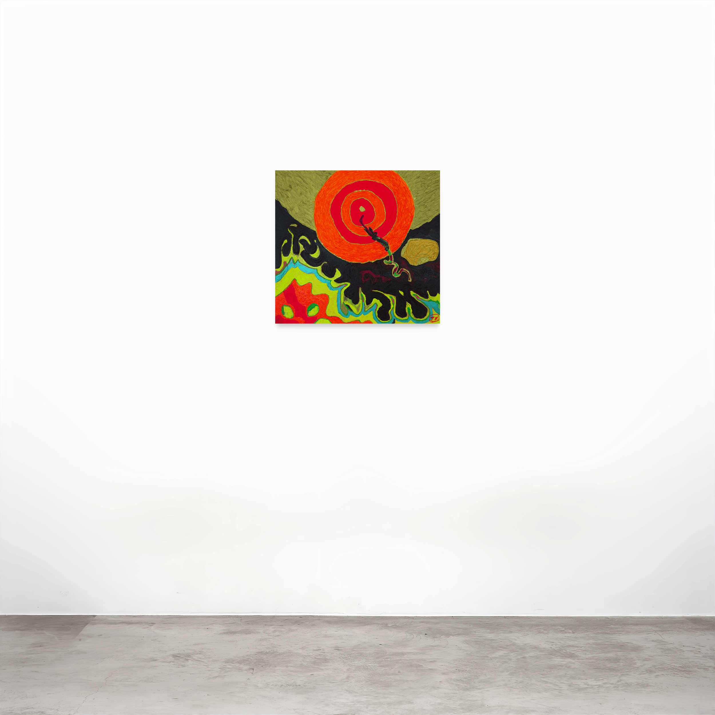 Sun Dancer, 2026
Acrylic and oil paint on wooden board with structural backing frame, 38 x 41 x 4.7 in cm