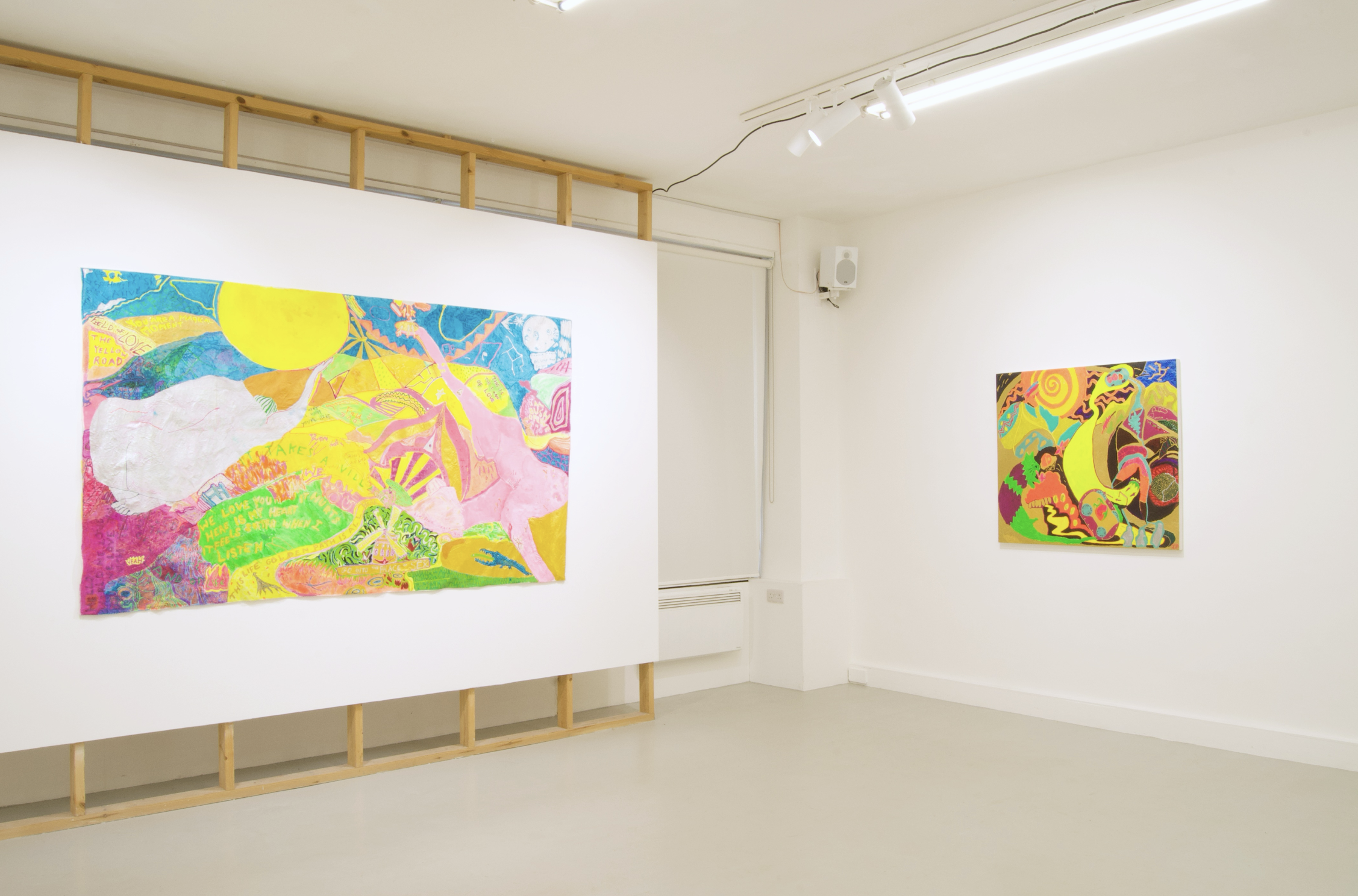 Seeds Of Love, 2026, Acrylic and oil paint on cotton, 135 x 236 in cm, (left), Road 2 U, Acrylic and oil paint on wooden board with structural backing frame, 95 x 102 x 4.7 in cm