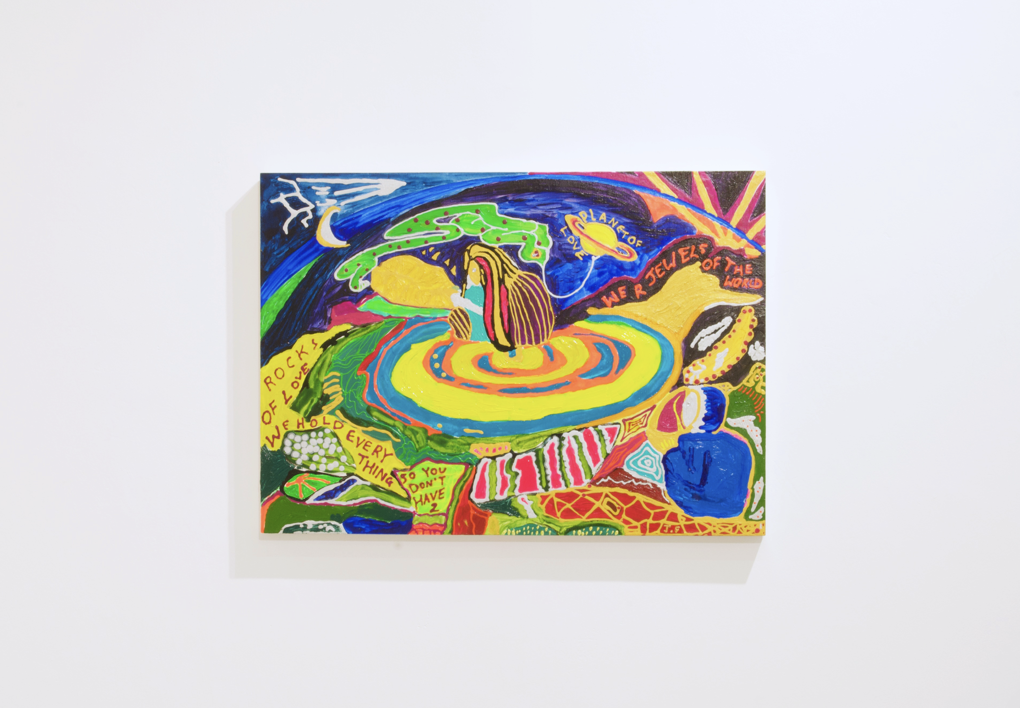 Happy Helpers, 2026, Acrylic and oil paint on wooden board with structural backing frame, 46 x 64 x 4.7 in cm