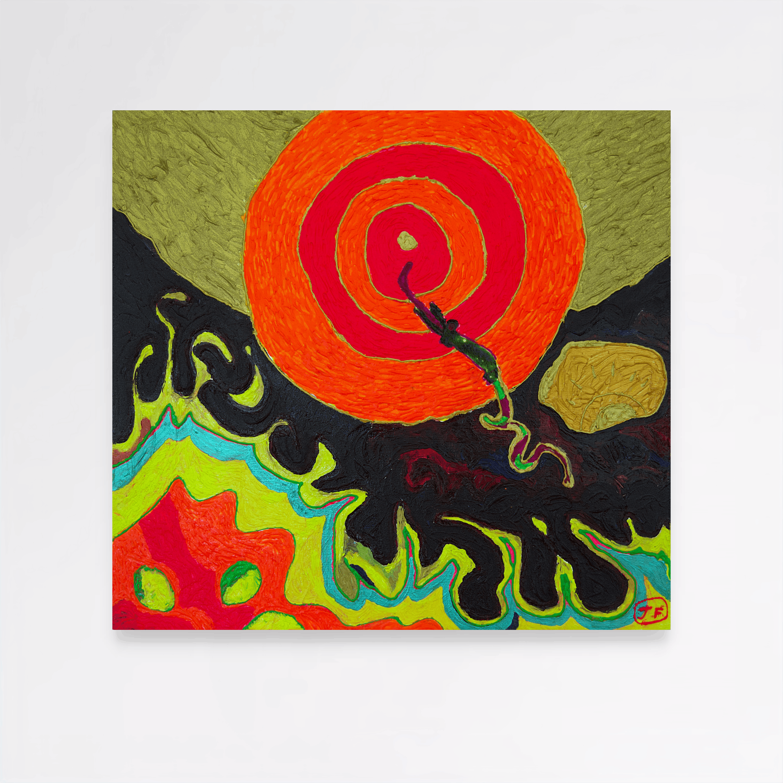 Sun Dancer, 2026
Acrylic and oil paint on wooden board with structural backing frame, 38 x 41 x 4.7 in cm