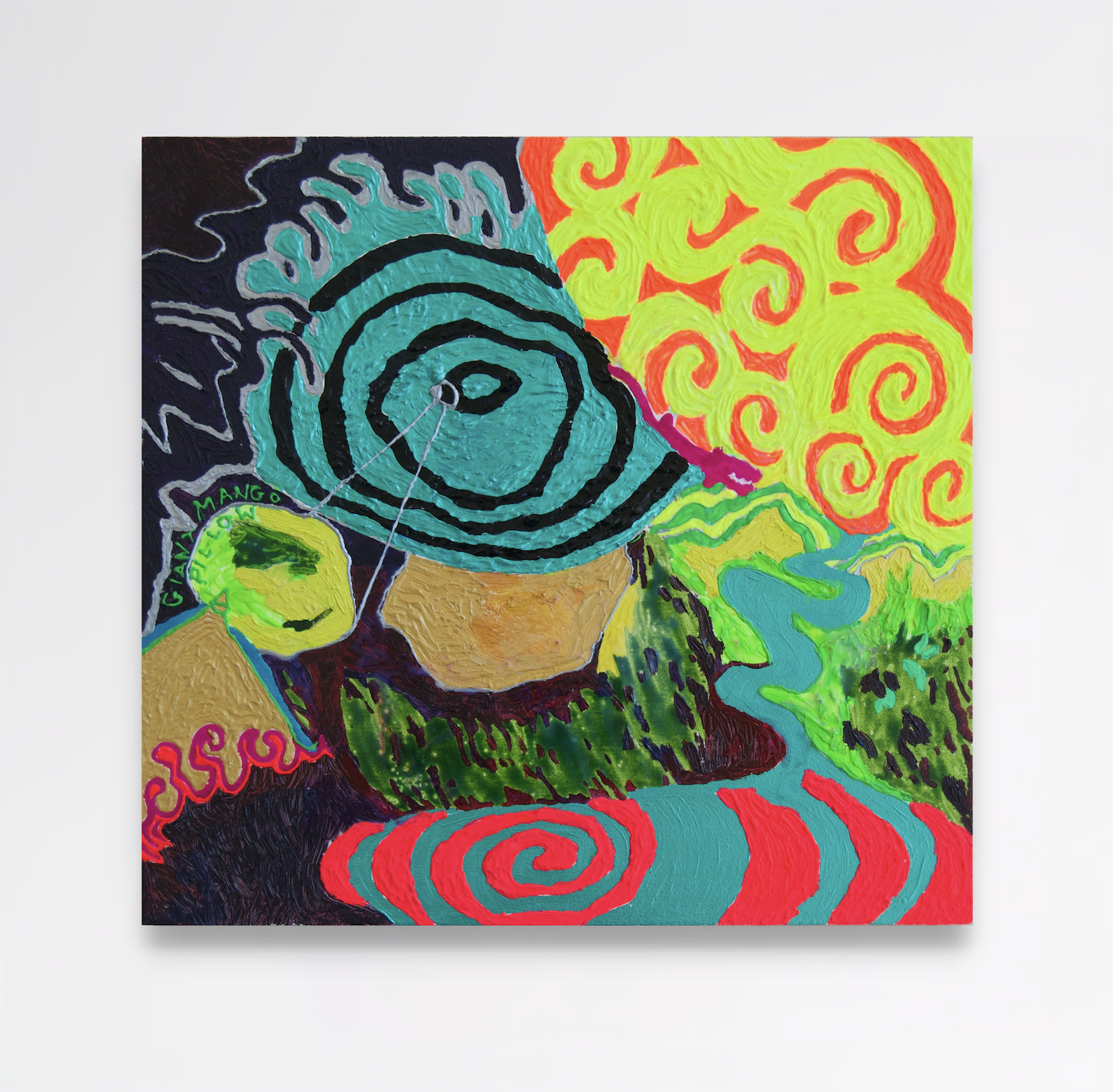 River Tiger, 2026 Acrylic and oil paint on wooden board with structural backing frame, 38 x 41 x 4.7 in cm