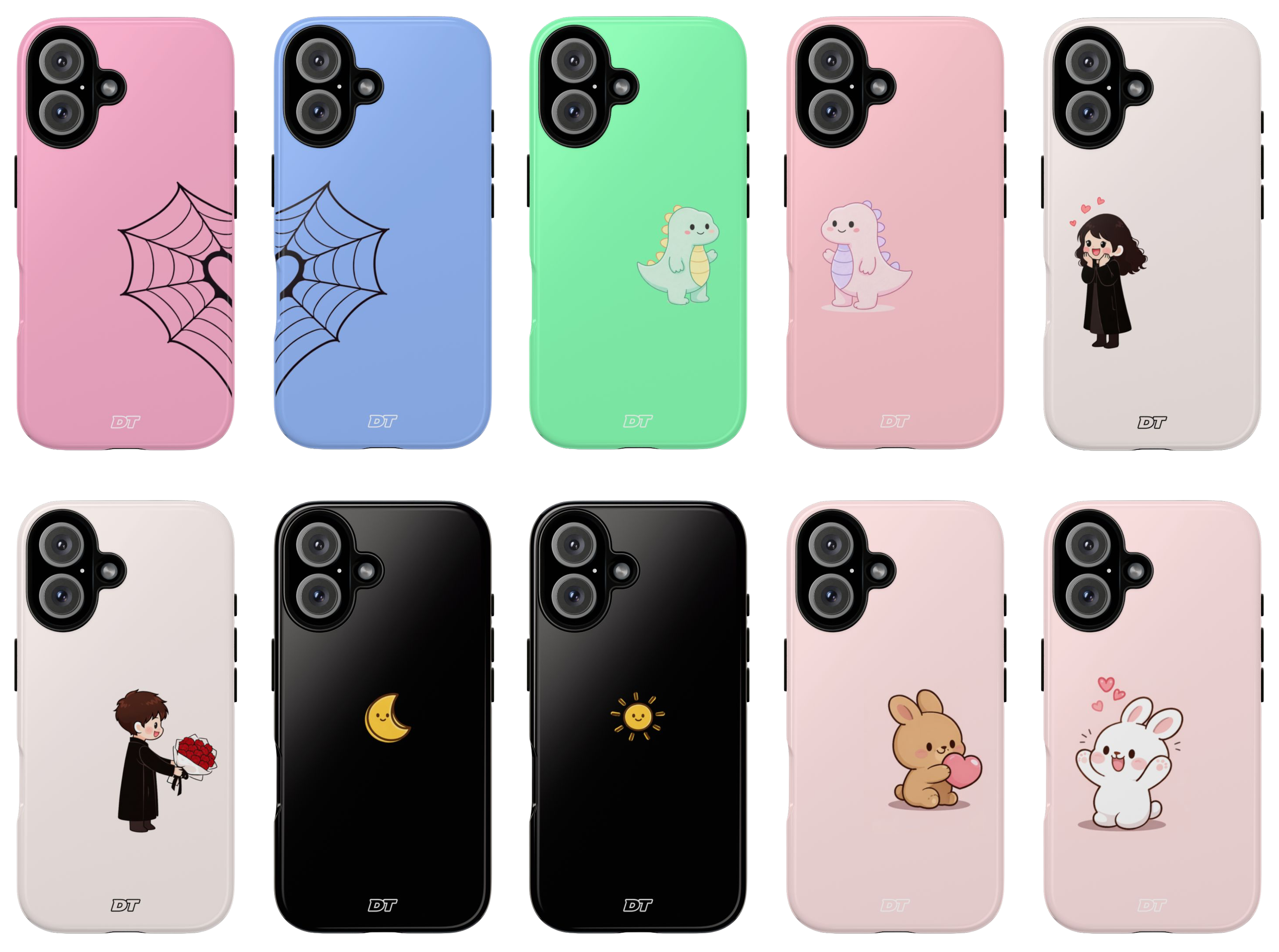Collection of colorful phone cases with various cute and playful illustrations, including animals, cartoon characters, and symbols like a spider web, moon, sun, and hearts.