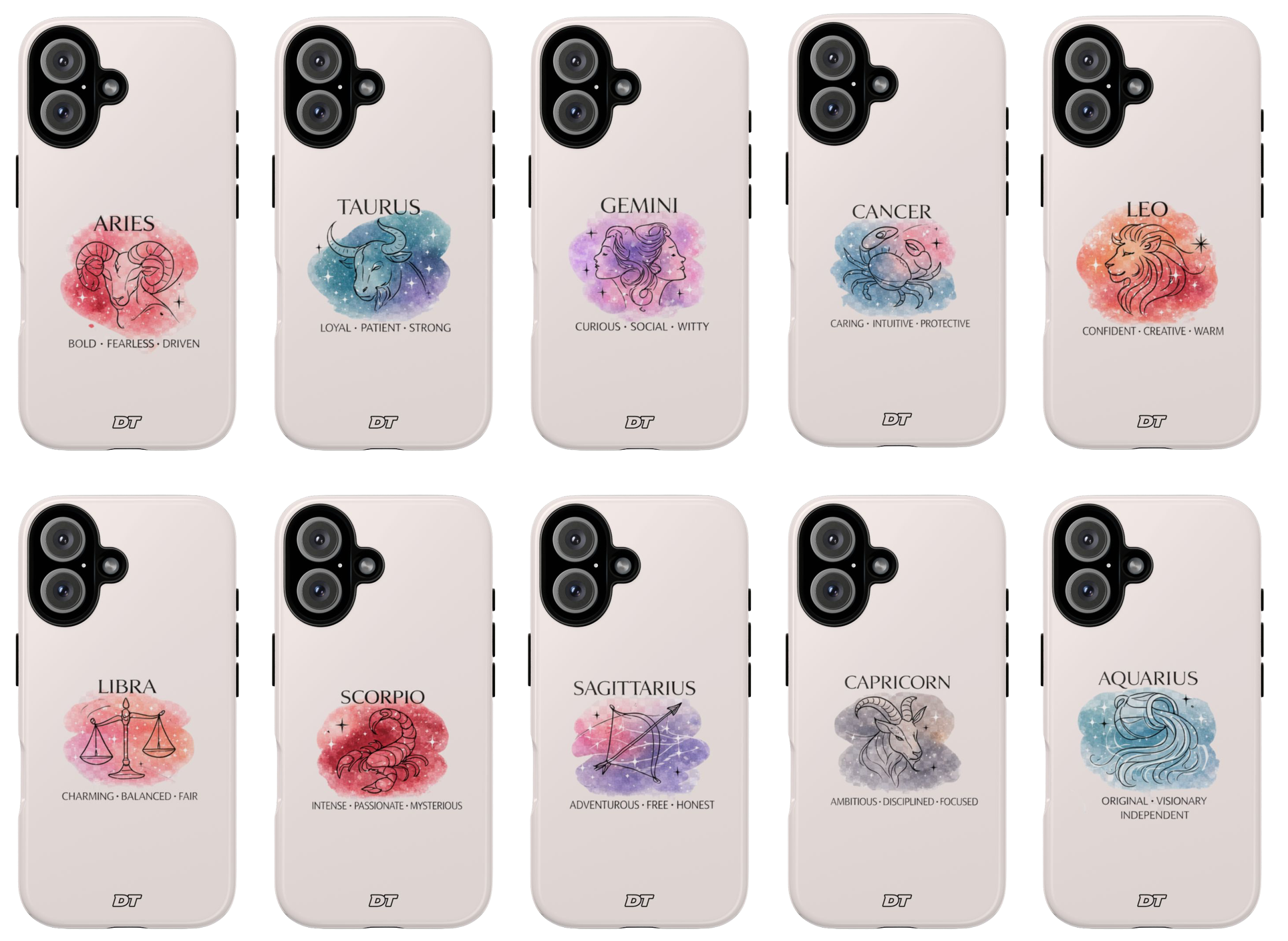 A collection of white smartphone cases featuring zodiac signs with watercolor-style illustrations and traits. The signs include Aries, Taurus, Gemini, Cancer, Leo, Libra, Scorpio, Sagittarius, Capricorn, and Aquarius, each with a unique color and constellation design.