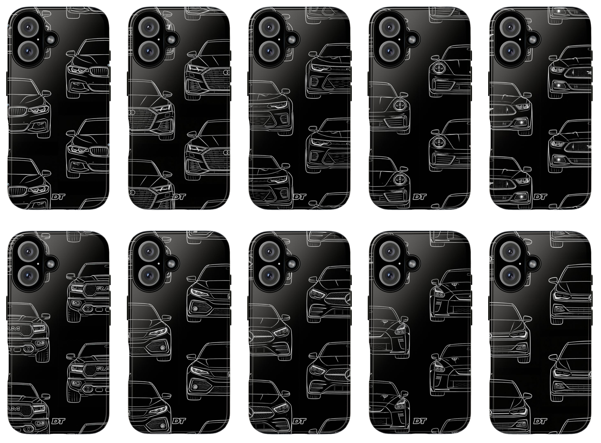 Pattern of eight iPhone cases with white line drawings of various car models on a black background, displayed in two rows of five and four.