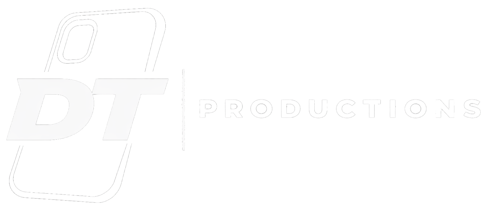 Black background with white and gray logo for 'DT Productions', featuring a stylized phone icon and the company name.