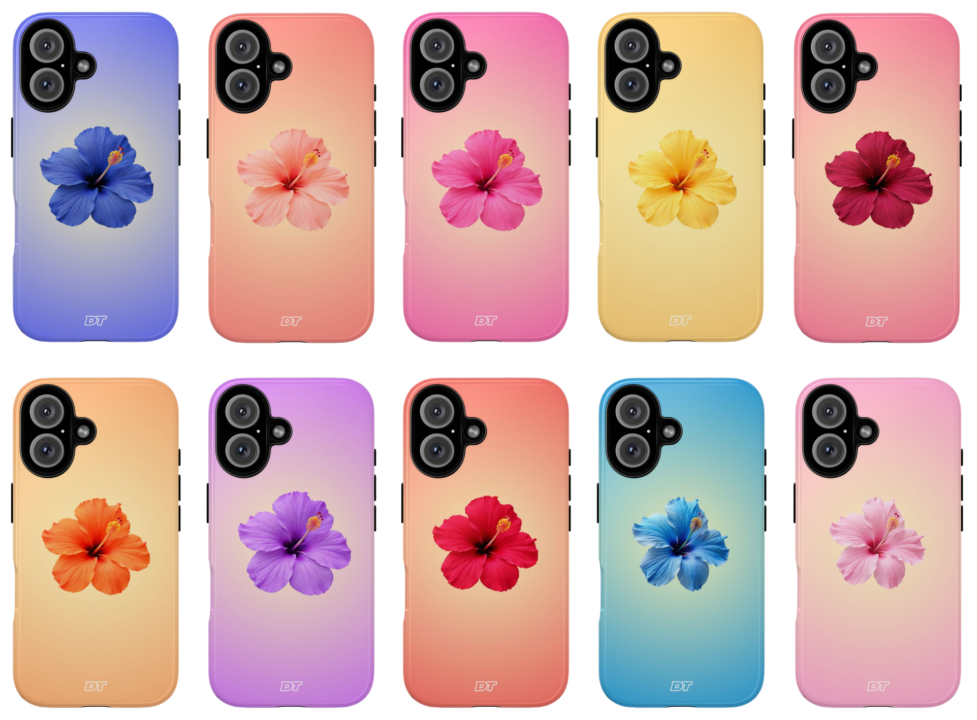 A collection of ten colorful smartphones with floral designs on their screens, arranged in two rows. Each phone features a hibiscus flower in different vibrant colors.