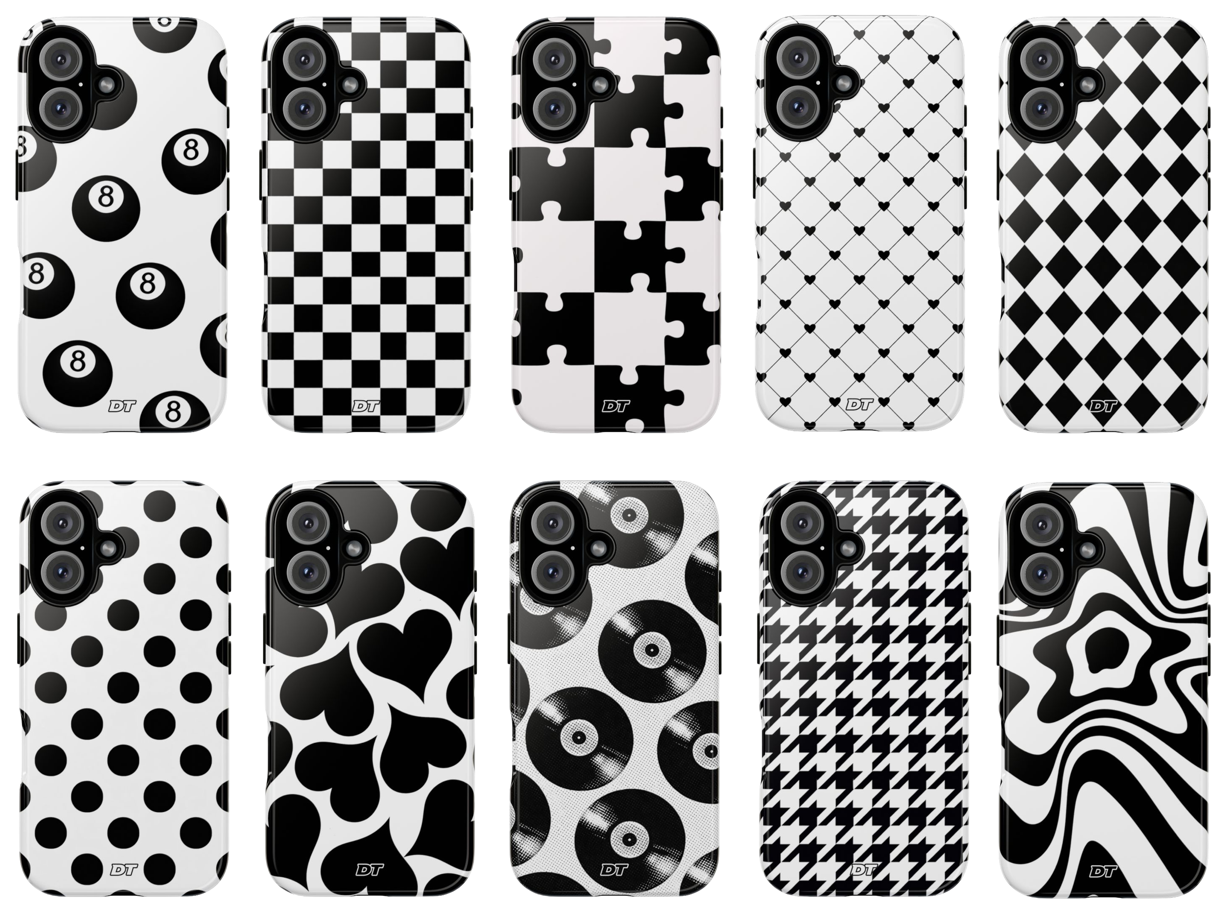 Collection of black and white patterned phone cases, featuring designs like polka dots, checkered, puzzle pieces, hearts, diamonds, polka dots, abstract swirls, and geometric patterns.