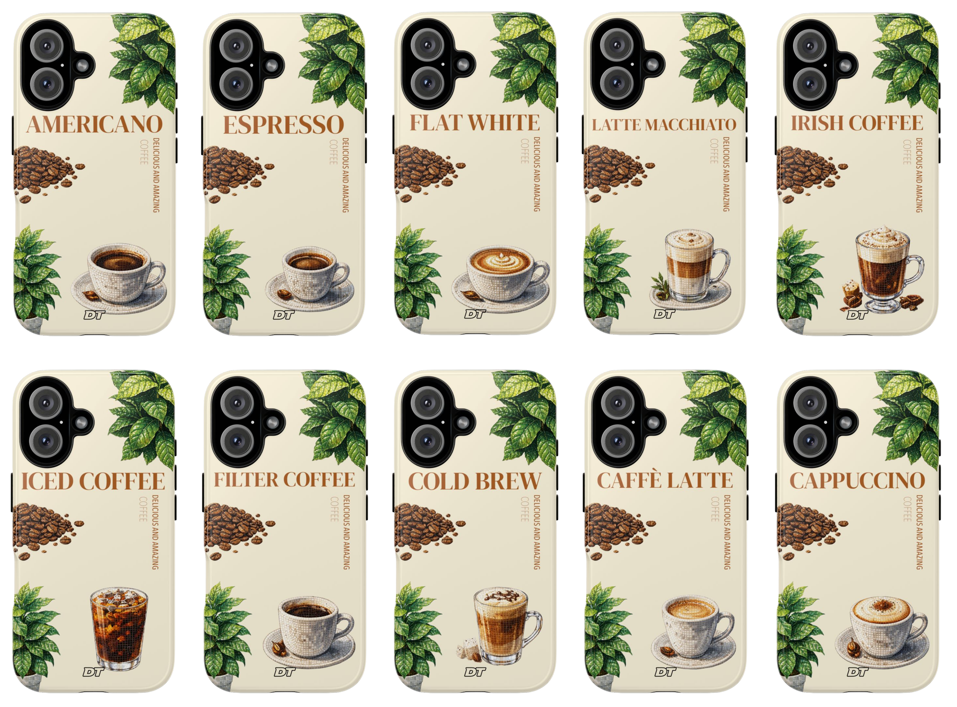 Collection of coffee-themed phone cases with various coffee drinks and green coffee plant leaves showing on each case.