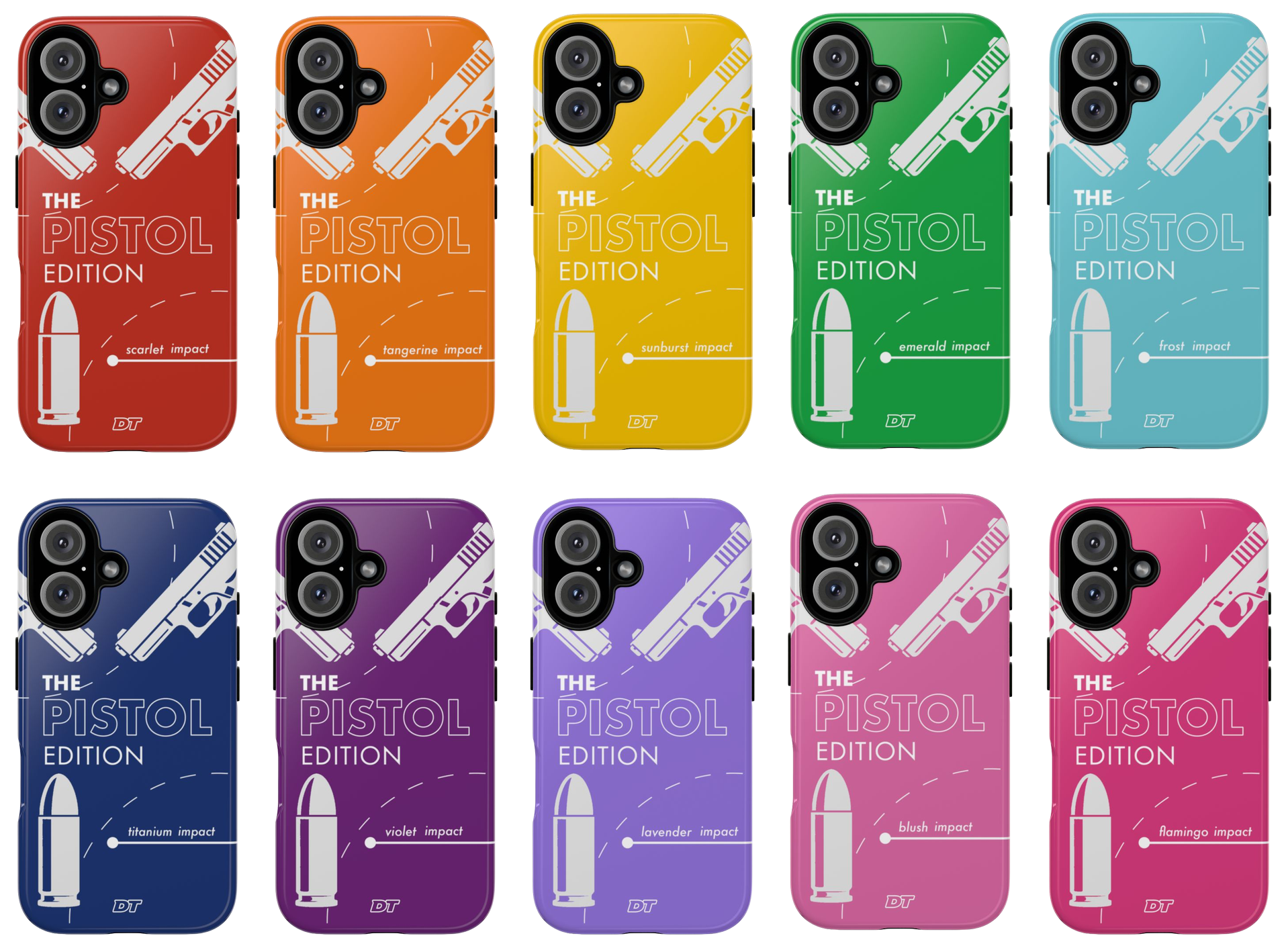 Set of ten phone cases with graphic designs and color themes inspired by different pistol impacts. Each case features a white pistol graphic, a shooting impact label, and a colored background in red, orange, yellow, green, light blue, dark blue, purple, lavender, pink, and magenta.