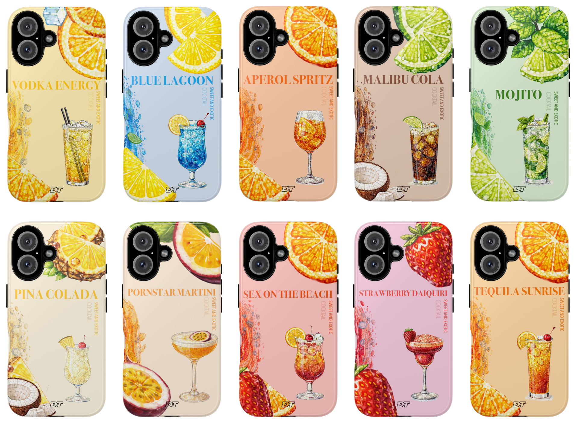 Collection of ten colorful drink-themed phone cases, each featuring a different cocktail or beverage illustration with fruit graphics and a label of the drink name.
