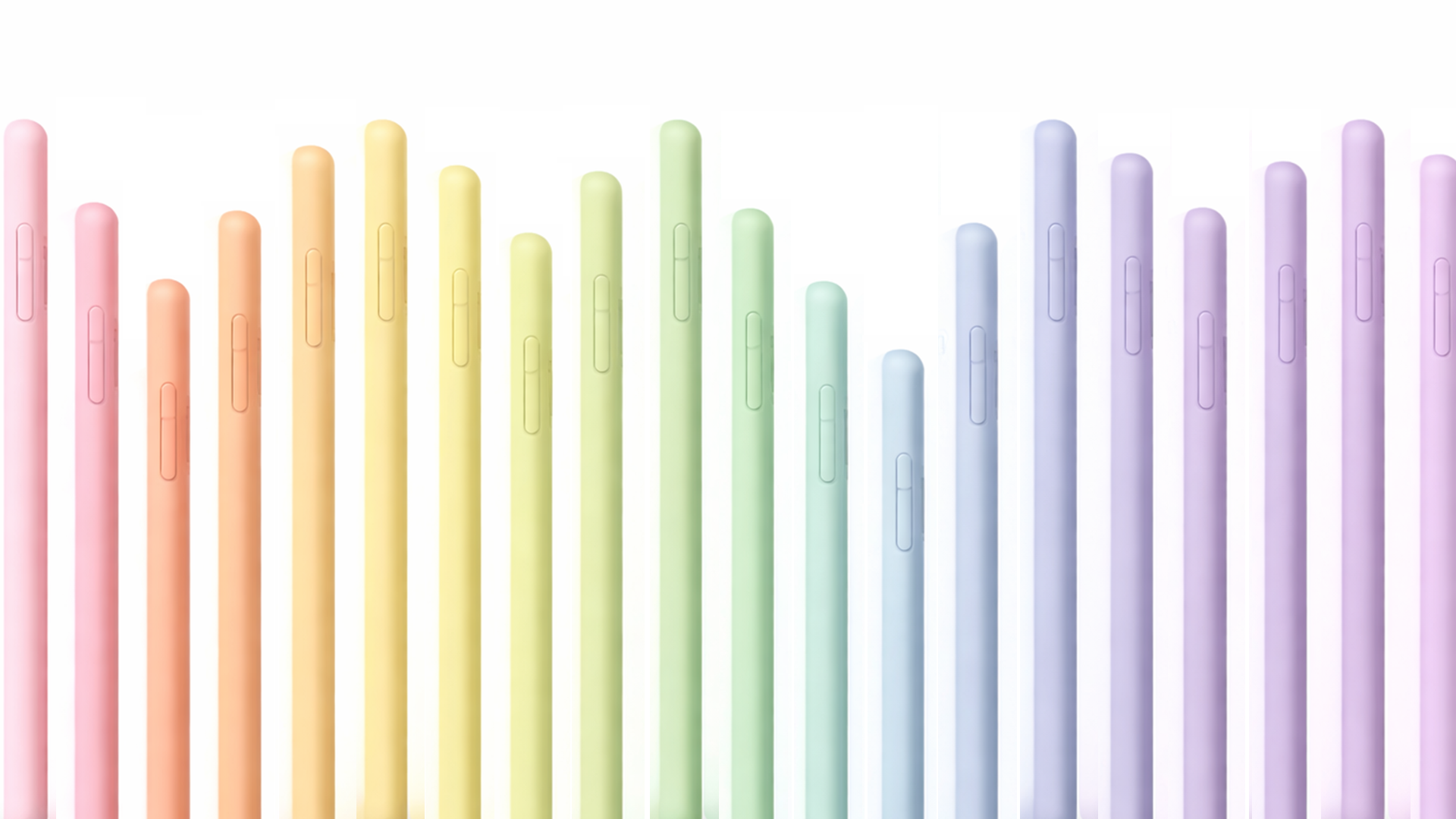 Colorful smartphones arranged in a rainbow gradient from pink to purple.