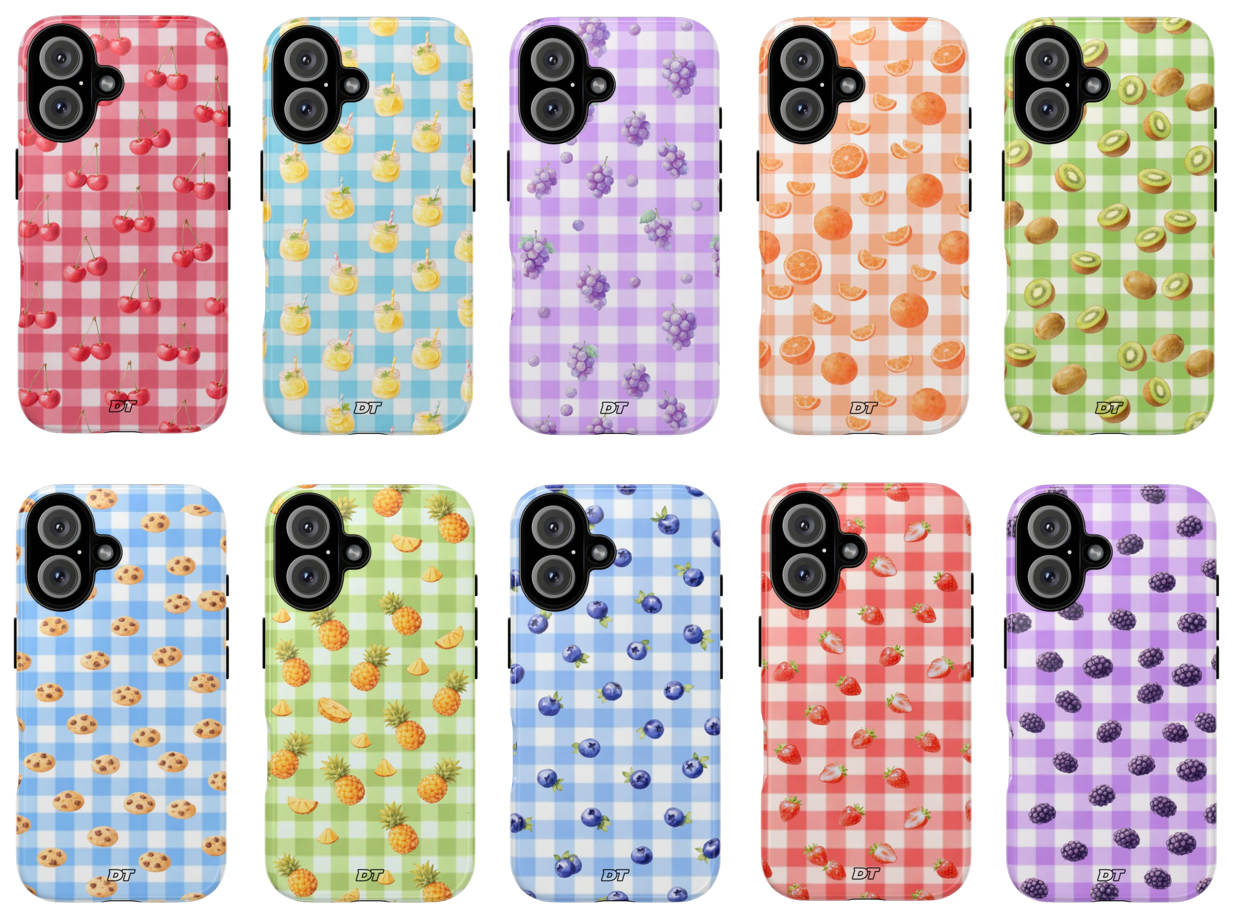 Collection of smartphone cases with fruit patterns, including cherries, lemonade drinks, grapes, oranges, kiwis, pineapples, blueberries, strawberries, blackberries, and cookies, all with a gingham background.