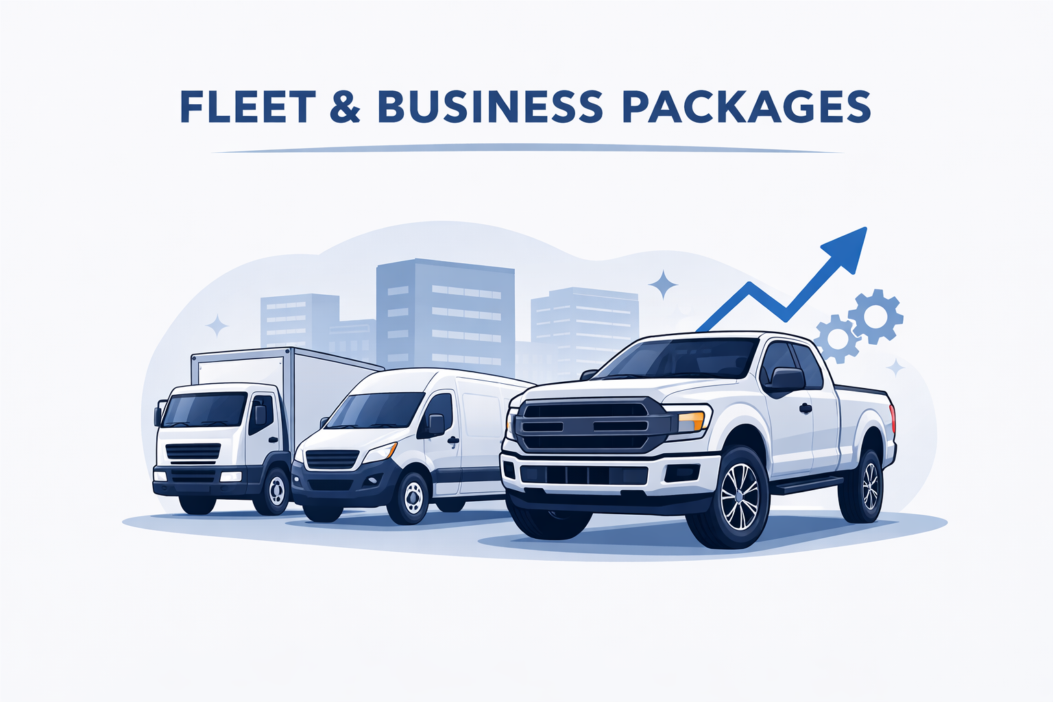 Illustration of three white fleet and business vehicles—a box truck, cargo van, and pickup truck—set against a background of city buildings,.  Auto Advisor | Car Buying Consultant