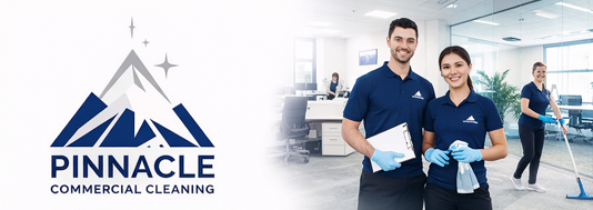 Two smiling commercial cleaners in blue uniforms and gloves standing in a bright office, with a Pinnacle Commercial Cleaning logo featuring a stylized mountain and cross in the background.