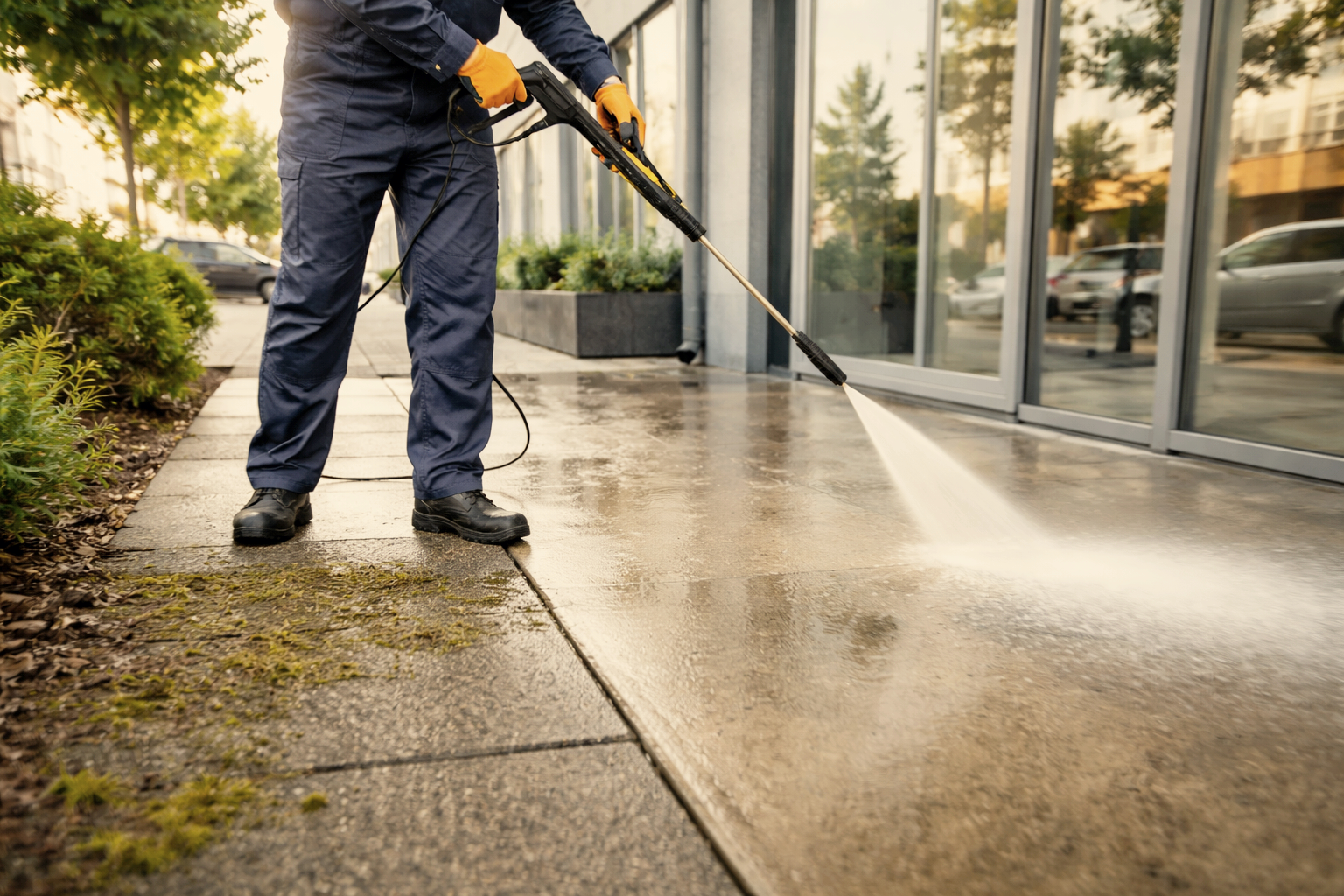 A person cleaning the sidewalk with a pressure washer near a building with glass windows and parked cars outside.