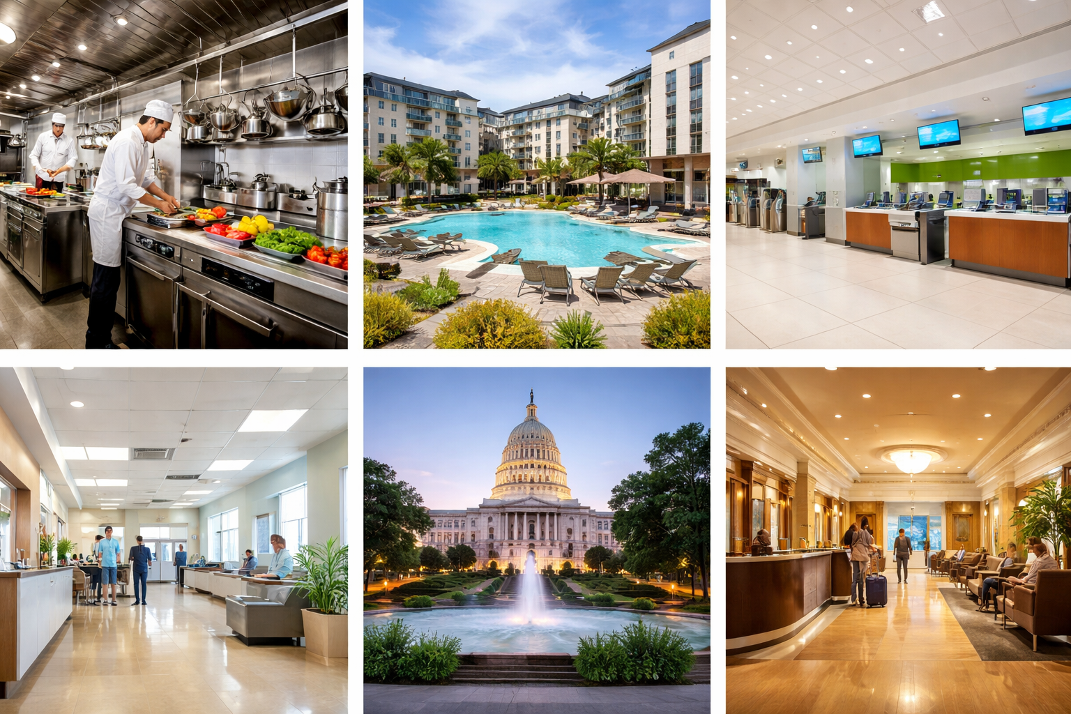 Collage of six images featuring a hotel. The top row shows a professional kitchen with chefs preparing food, an outdoor pool area with lounge chairs and umbrellas, and a modern hotel lobby with check-in counters and screens. The bottom row includes a hotel lounge or waiting area with guests and a staff member, a cityscape with the Capitol building and a fountain at sunset, and a luxurious hotel reception area with a curved front desk and seating.