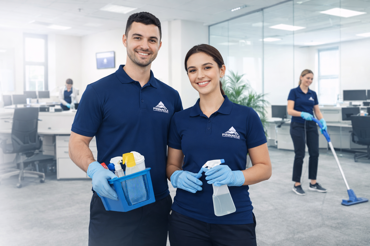 Two smiling cleaning staff in uniforms with Pinnacle logo, holding cleaning supplies, standing in an office space with two other staff members cleaning in the background.