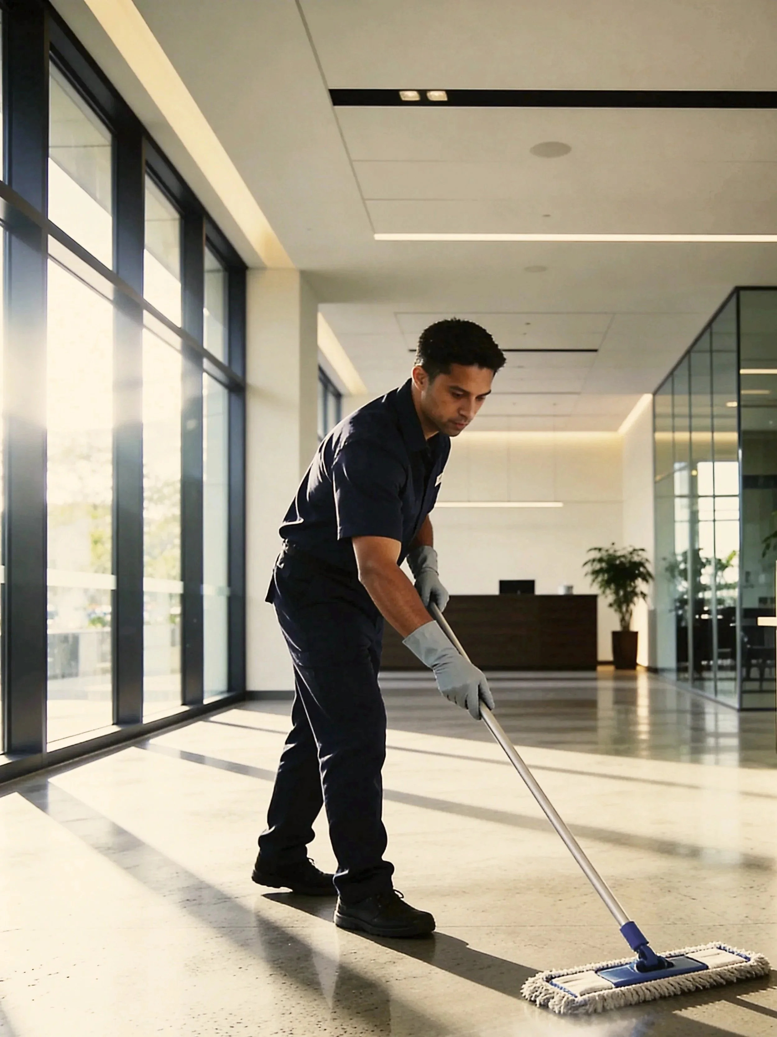 A janitor mopping the floor inside a modern building with large windows and glass walls.