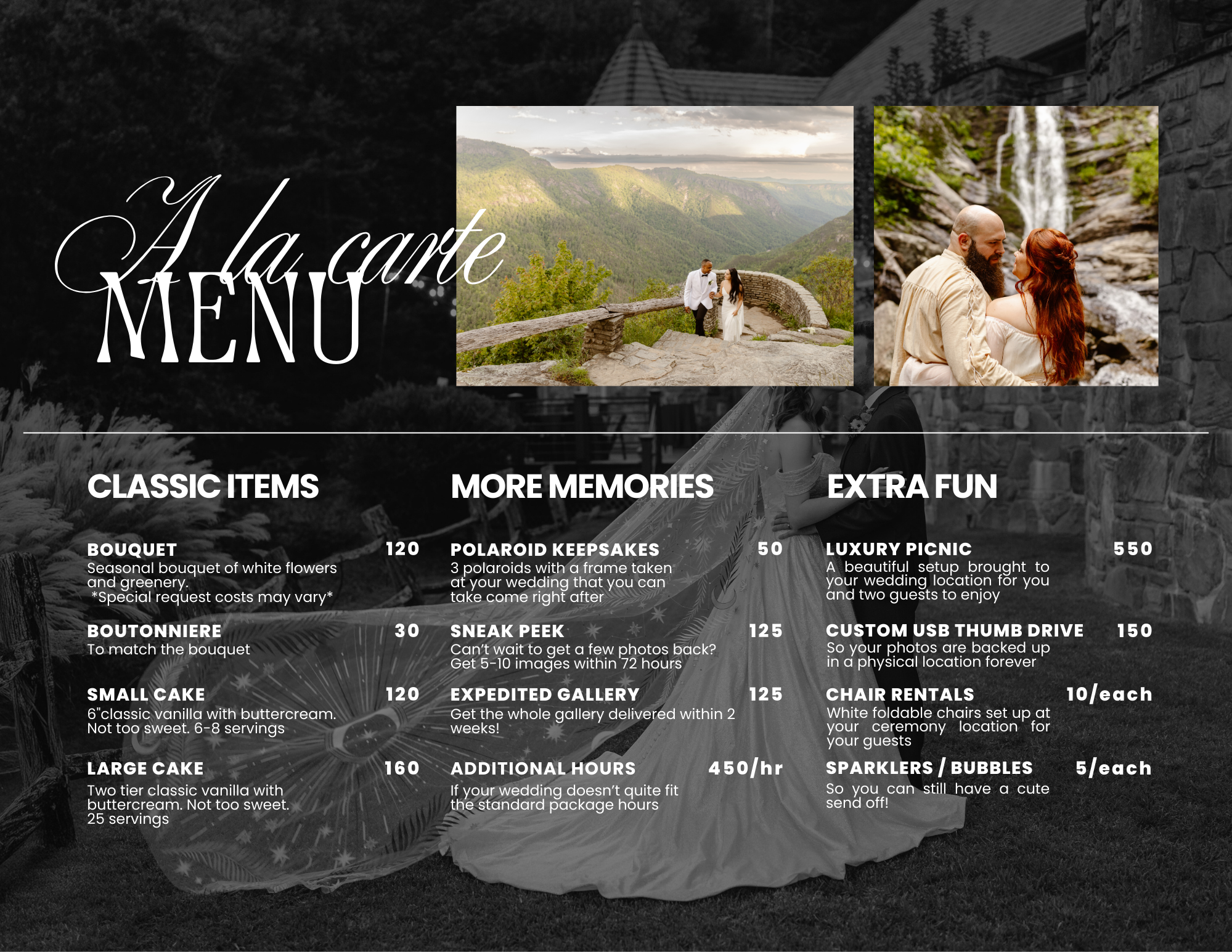 Wedding menu with three photos: a couple walking in a mountainous area, a couple by a waterfall, and a bride and groom in wedding attire. Menu sections labeled Classic Items, More Memories, and Extra Fun, listing various items and prices.