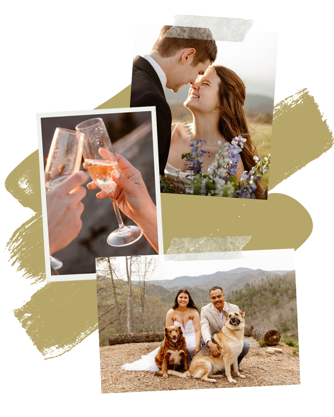 A collage of three images: a couple smiling and leaning close outdoors, celebrating with champagne glasses, and a couple with dogs in a mountain landscape.