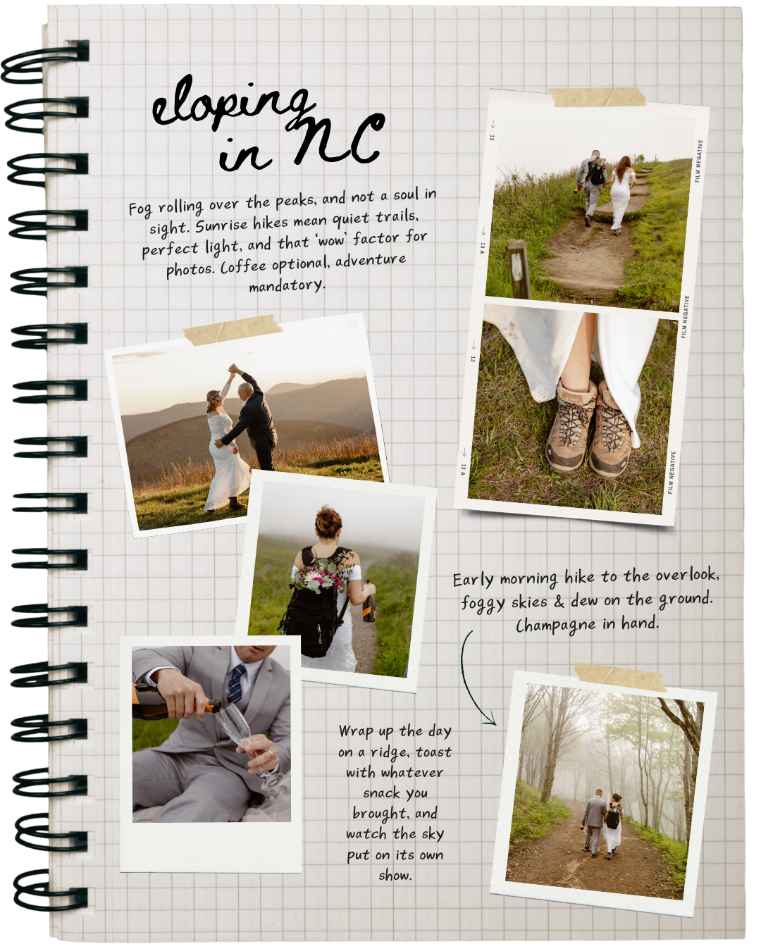 Page from a travel journal with photos of people hiking and exploring outdoors, dishes of food, and text describing a day of hiking, celebrating, and relaxing.