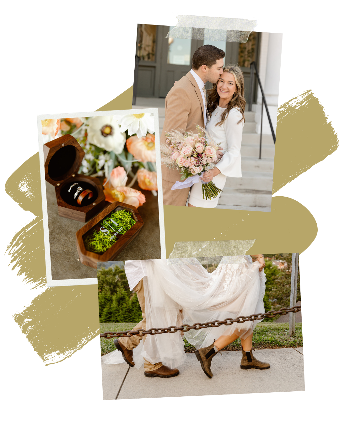 A collage of wedding-related images including a happy bride and groom embracing, a wooden box containing wedding rings, and a couple walking together holding a wedding dress.