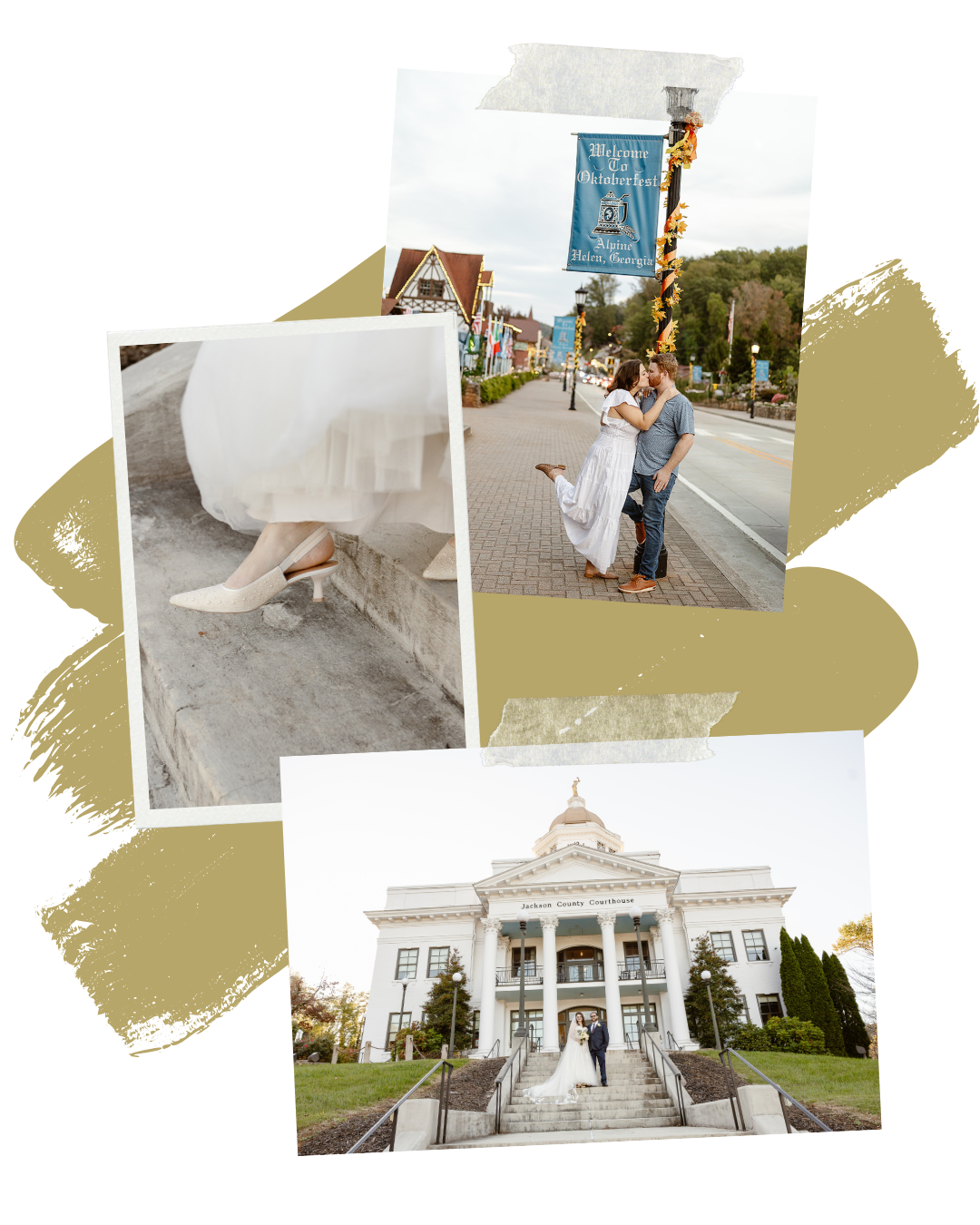 A collage of three photos. The top photo shows a couple kissing on a street decorated for Oktoberfest in Helen, Georgia. The middle photo features a close-up of a woman’s white bridal shoe and skirt. The bottom photo displays a bride and groom standing on the steps of the Jackson County Courthouse during their wedding.