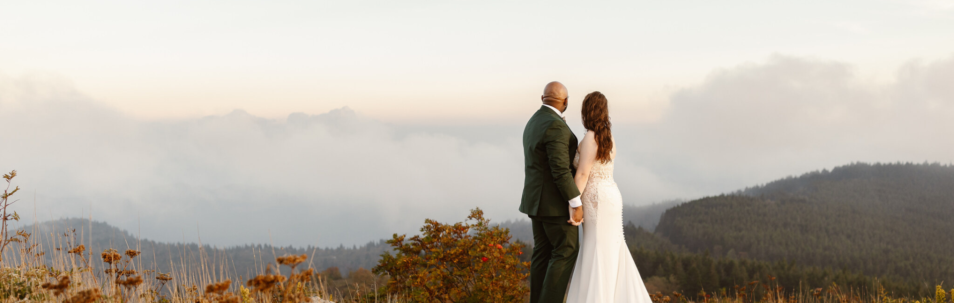 A bride and groom holding hands and looking at the mountain landscape during sunset.