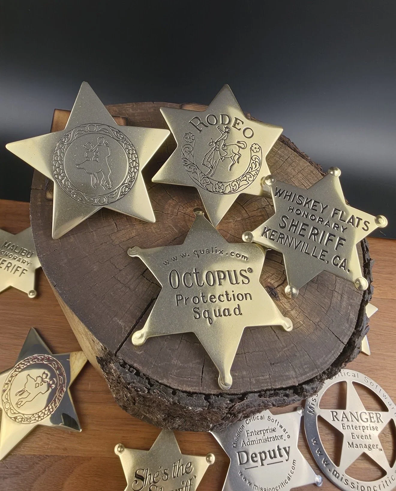 Collection of metallic sheriff star badges with engraved inscriptions, placed on a wooden surface and a log. One badge reads 'RODEO,' another 'OCTOPUS Protection Squad,' others list titles like 'Sheriff,' 'Deputy,' and various event or department names.