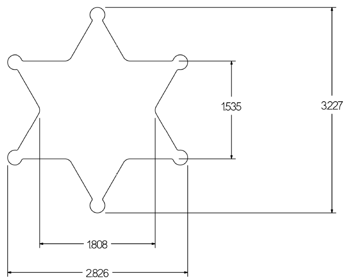 Technical drawing of a six-point star-shaped profile with dimensions, showing height 3.227 inches, width approximately 2.826 inches, and internal measurements around 1.535 and 1.808 inches.