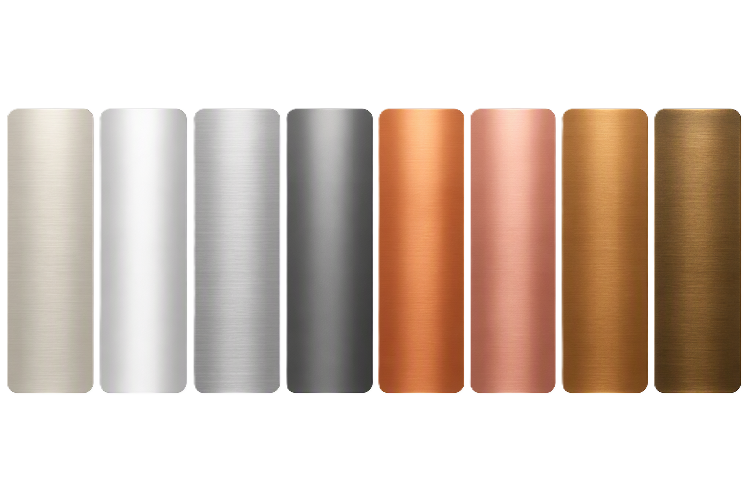 Seven elongated metal samples in varying colors and finishes, arranged in a row from left to right, including light beige, white, silver, dark gray, copper, rose gold, gold, and bronze.