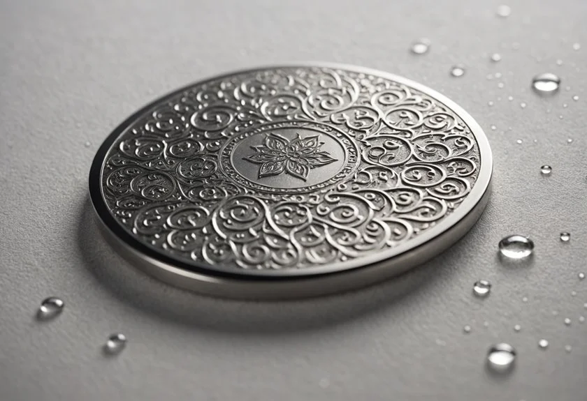 Close-up of a silver decorative round object with intricate swirling patterns and a floral design in the center, with water droplets on a smooth gray surface.