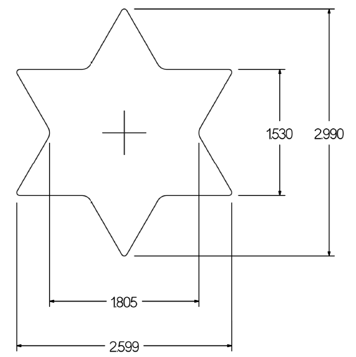 A technical drawing of a star-shaped object with dimensions labeled in millimeters, showing a width of 1805 mm, a height of 1530 mm, and an overall length of 2599 mm.