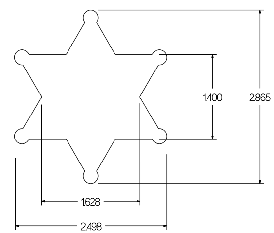 Technical drawing of a star-shaped object with detailed measurements in inches, including side length and overall dimensions.