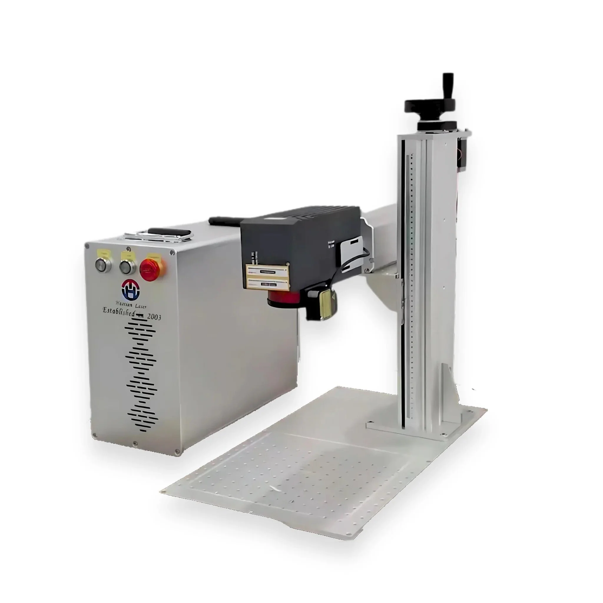 A laboratory setup with a white box, black components, and an adjustable stand with a ruler scale.